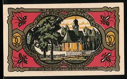 Notgeld Zeulenroda 1921, 50 Pfennig, Kirche, Wappen