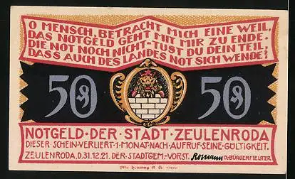 Notgeld Zeulenroda 1921, 50 Pfennig, Kirche, Wappen