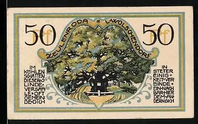 Notgeld Zeulenroda 1921, 50 Pfennig, Linde in Wolschendorf, Wappen