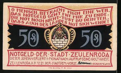 Notgeld Zeulenroda 1921, 50 Pfennig, Linde in Wolschendorf, Wappen