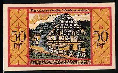 Notgeld Zeulenroda 1921, 50 Pfennig, Fachwerkhaus in Weckersdorf, Wappen