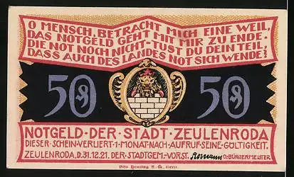Notgeld Zeulenroda 1921, 50 Pfennig, Fachwerkhaus in Weckersdorf, Wappen