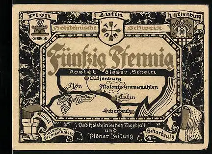 Notgeld Malente Gremsmühlen, 50 Pfennig, Der Uglei-See und die Karte der Holsteinischen Schweiz