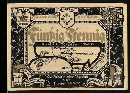 Notgeld Scharbeutz, 50 Pfennig, Karte der Holsteinischen Schweiz, Kammer a. d. Ostsee