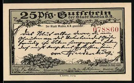 Notgeld Kahla i. Thür. 1921, 25 Pfennig, Blick zur Leuchtenburg