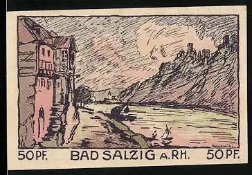 Notgeld Bad Salzig am Rhein 1921, 50 Pfennig, Ansicht am Rhein, alter Mann