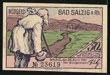 Notgeld Bad Salzig am Rhein 1921, 50 Pfennig, Ansicht am Rhein, alter Mann