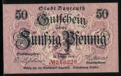 Notgeld Bayreuth 1918, 50 Pfennig, Wappen, Richard Wagner-Festspielhaus