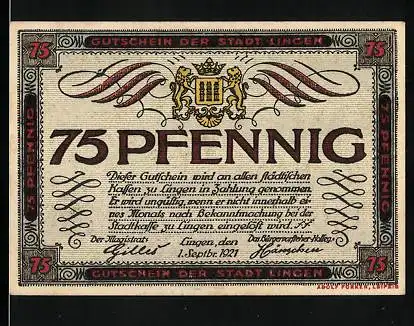 Notgeld Lingen 1921, 75 Pfennig, Wappen, Kiveling aus dem 14. Jh. und Lied mit Noten