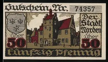 Notgeld Norden 1919, 50 Pfennig, Rathaus und Wappen