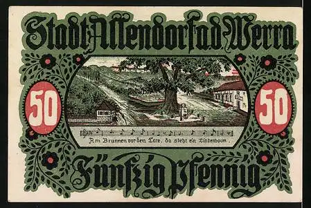 Notgeld Allendorf /Werra 1921, 50 Pfennig, Stadtbilder mit Wappen, Brunnen vor dem Tore