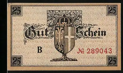Notgeld Neuss 1919, 25 Pfennig, Wappen, Ortspartie