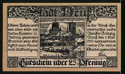 Notgeld Neuss 1919, 25 Pfennig, Wappen, Ortspartie