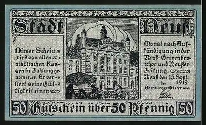 Notgeld Neuss 1919, 50 Pfennig, Wappen, Rathaus