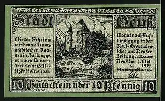 Notgeld Neuss 1919, 10 Pfennig, Wappen, Ortspartie
