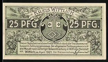 Notgeld Wittlich 1921, 25 Pfennig, Wappen, Eberhards-Clausen vor 400 Jahren