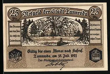 Notgeld Tannroda 1921, 25 Pfennig, Der Brunnen vor dem Tore, Wappen