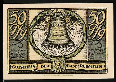 Notgeld Rudolstadt 1922, 50 Pfennig, Glocke mit Engeln und Wappen, Friedrich v. Schiller-Lied von der Glocke