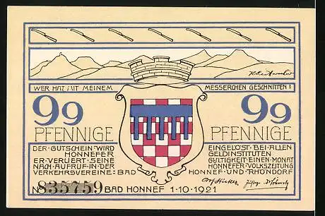 Notgeld Bad Honnef am Rhein1921, 99 Pfennig, Karl Simrorts Haus und Wappen