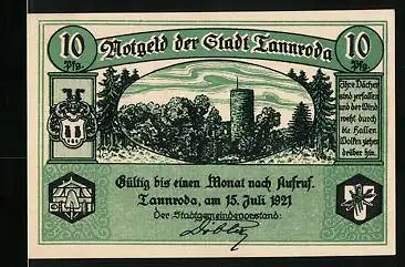 Notgeld Tannroda 1921, 10 Pfennig, Blick zur Burg mit Wappen