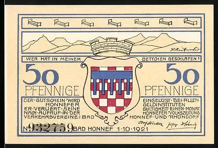 Notgeld Rhöndorf am Rhein 1921, 50 Pfennig, Wappen und Strandbad mit Drachenfels