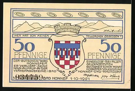 Notgeld Bad Honnef am Rhein 1921, 50 Pfennig, Honschaft, Beuel und Selhof und Wappen