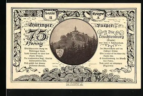 Notgeld Leuchtenburg a. d. Saale 1921, 75 Pfennig, Blick zur Burg und Wappen