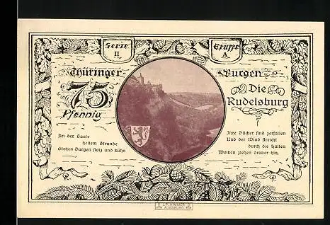 Notgeld Leuchtenburg a. d. Saale 1921, 75 Pfennig, Blick zur Rudelsburg und Wappen