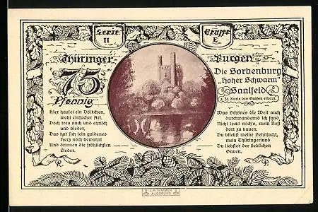 Notgeld Leuchtenburg a. d. Saale 1921, 75 Pfennig, Die Sorbenburg Hoher Schwarm-Saalfeld und Wappen