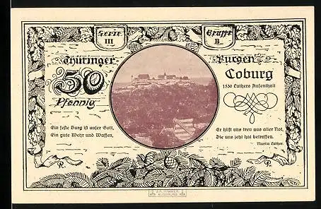 Notgeld Leuchtenburg a. d. Saale 1921, 50 Pfennig, Coburg und Wappen