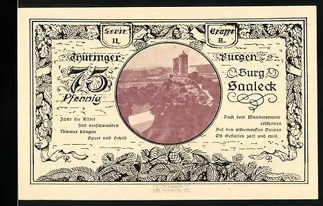 Notgeld Leuchtenburg a. d. Saale 1921, 75 Pfennig, Burg Saaleck und Wappen