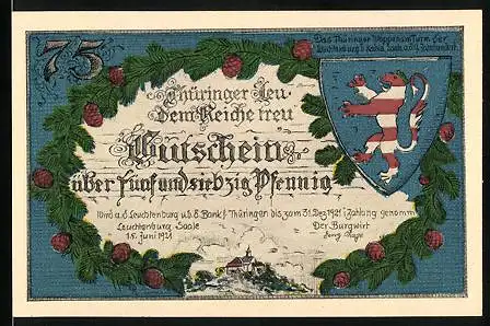 Notgeld Leuchtenburg a. d. Saale 1921, 50 Pfennig, Wappen, Die Wartburg