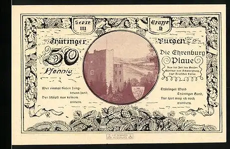Notgeld Leuchtenburg a. d. Saale 1921, 50 Pfennig, Die Ehrenburg-Plaue und Wappen