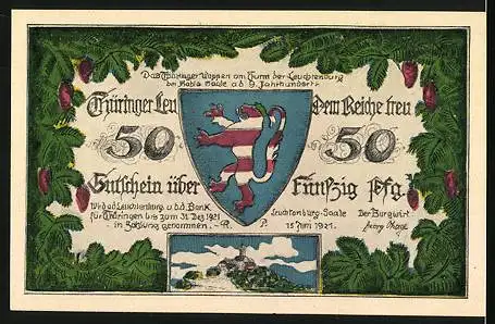 Notgeld Leuchtenburg a. d. Saale 1921, 50 Pfennig, Die Ehrenburg-Plaue und Wappen