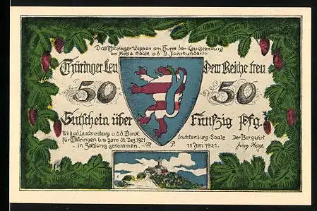 Notgeld Leuchtenburg a. d. Saale 1921, 50 Pfennig, Wappen, Burg Ranis