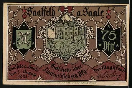 Notgeld Saalfeld a. Saale 1921, 75 Pfennig, Handelsverkehr über die alte Saalbrücke, Wappen