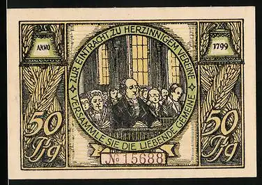 Notgeld Rudolstadt 1922, 50 Pfennig, Versammlung liebende Gemeinde, Schillers Wohnung mit Wappen