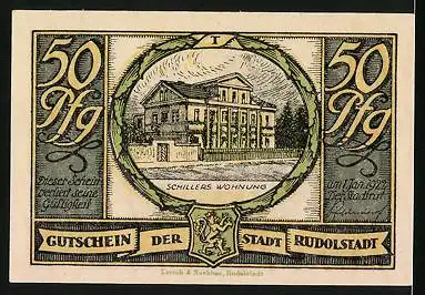 Notgeld Rudolstadt 1922, 50 Pfennig, Versammlung liebende Gemeinde, Schillers Wohnung mit Wappen