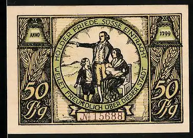 Notgeld Rudolstadt 1922, 50 Pfennig, Familie mit Baby, Ecke Schillerstrasse mit Wappen