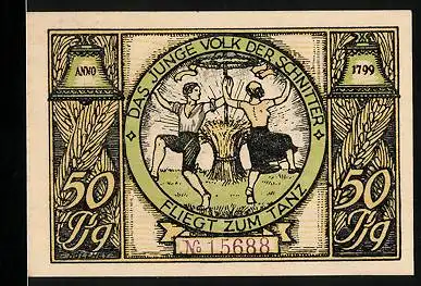 Notgeld Rudolstadt 1922, 50 Pfennig, Junges Volk der Schnitter beim Tanz, Wohnung Schillers mit Wappen