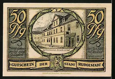 Notgeld Rudolstadt 1922, 50 Pfennig, Junges Volk der Schnitter beim Tanz, Wohnung Schillers mit Wappen