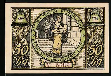 Notgeld Rudolstadt 1922, 50 Pfennig, Frau mit Kind auf dem Arm, Lengefeldsche Gartenhäuser mit Wappen