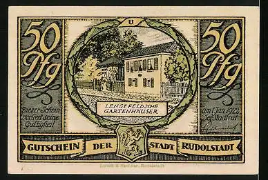 Notgeld Rudolstadt 1922, 50 Pfennig, Frau mit Kind auf dem Arm, Lengefeldsche Gartenhäuser mit Wappen