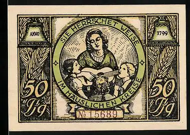 Notgeld Rudolstadt 1922, 50 Pfennig, Mutter mit Kindern beim Musizieren, Geburtshaus Charlotte v. Lengefelds mit Wappen