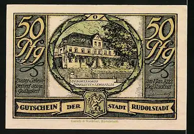 Notgeld Rudolstadt 1922, 50 Pfennig, Mutter mit Kindern beim Musizieren, Geburtshaus Charlotte v. Lengefelds mit Wappen
