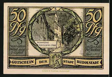 Notgeld Rudolstadt 1922, 50 Pfennig, Tönt die Glocke Grabgesang, Wohnung Schillers 1788 mit Wappen