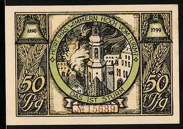 Notgeld Rudolstadt 1922, 50 Pfennig, Feuer in der Stadt, Histor. Glockengiesserei mit Wappen