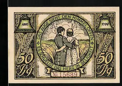 Notgeld Rudolstadt 1922, 50 Pfennig, Liebespaar sieht den Himmel offen, Schillers Höhe mit Wappen