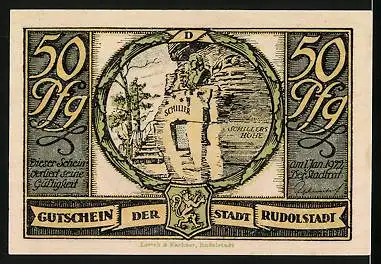 Notgeld Rudolstadt 1922, 50 Pfennig, Liebespaar sieht den Himmel offen, Schillers Höhe mit Wappen