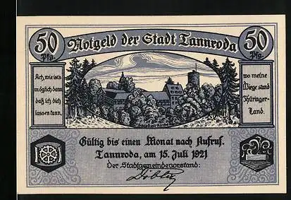 Notgeld Tannroda 1921, 50 Pfennig, Teilansicht des Ortes, Wappen